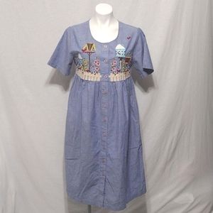 Vintage Bechamel Chambray Mumu Dress Floral Embroidered Midi Small Boho Casual